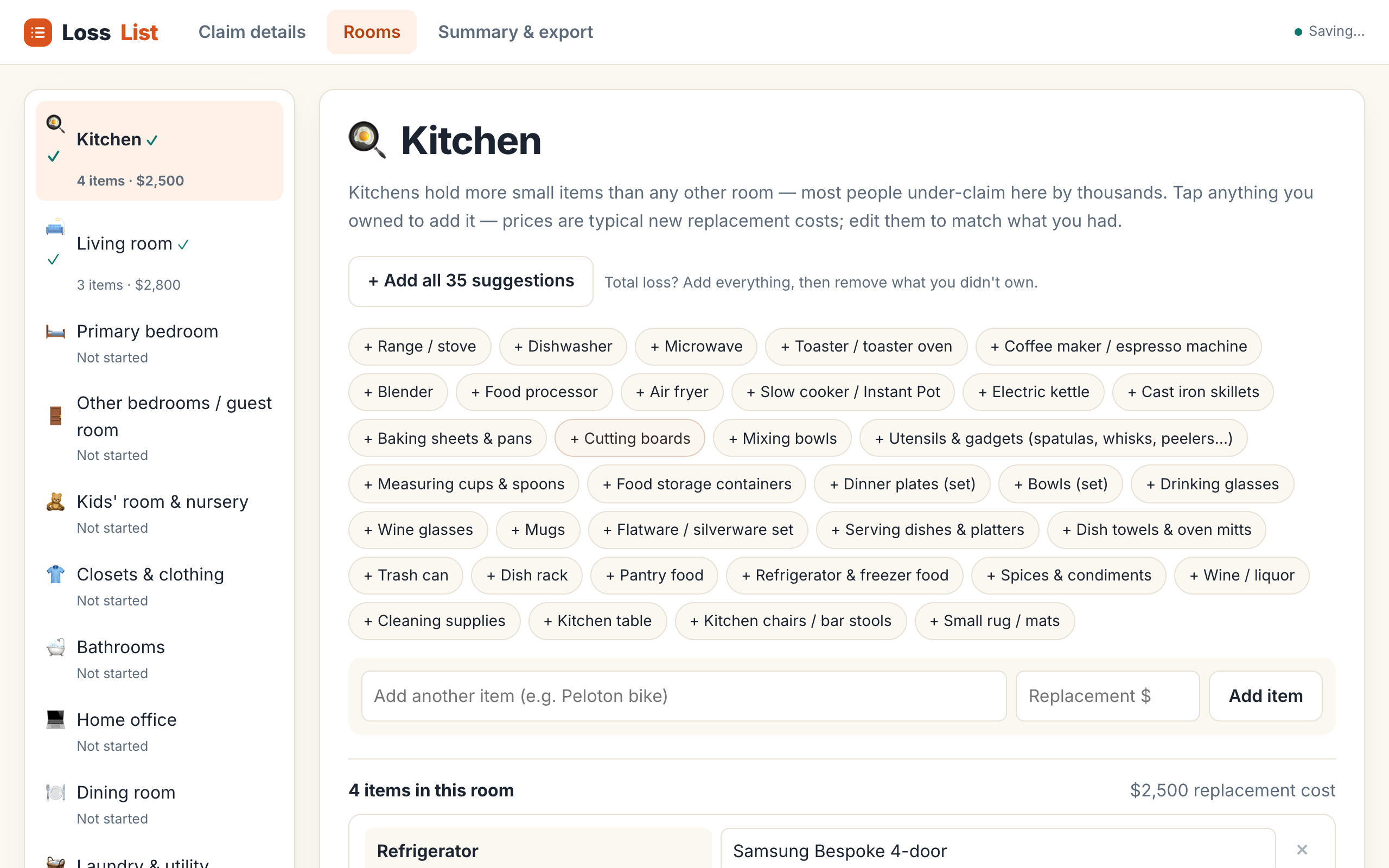 LossList room-by-room inventory with replacement costs and depreciation